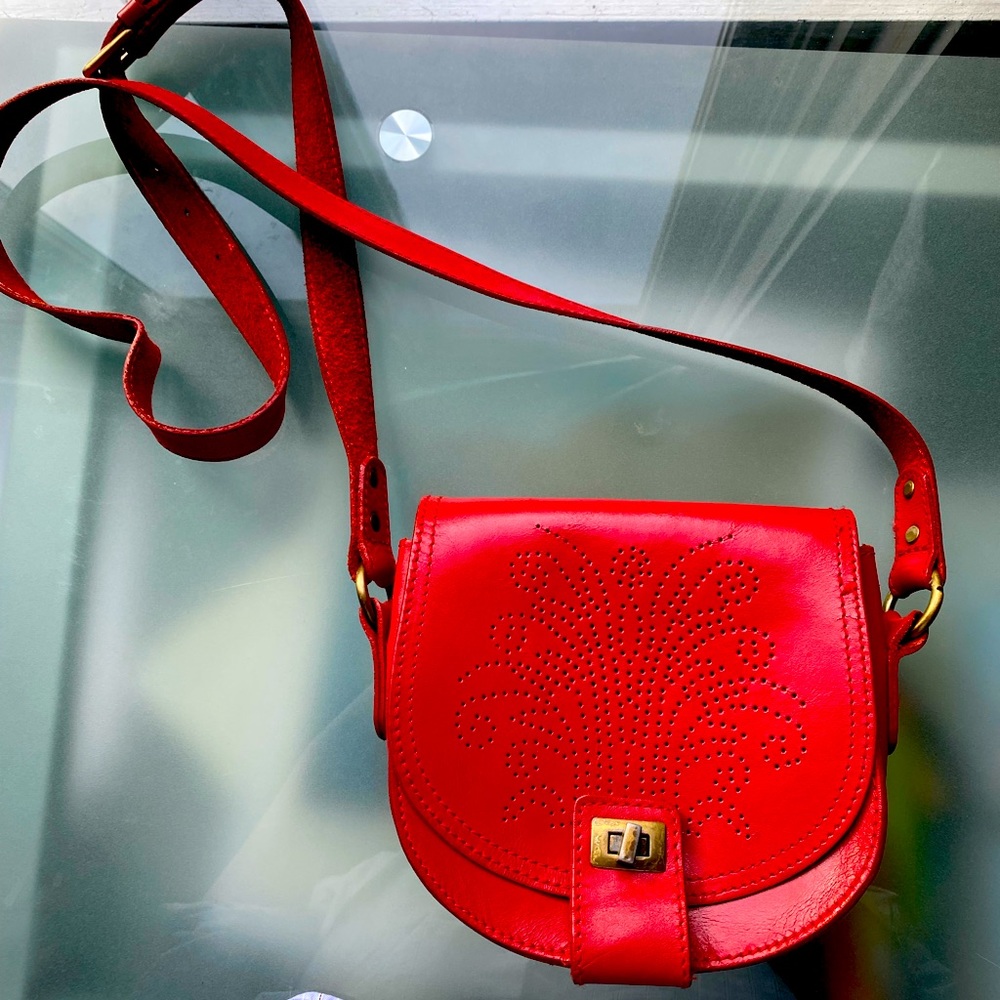 Zara red leather cross body purse. Single opening, brass, waterfall design.